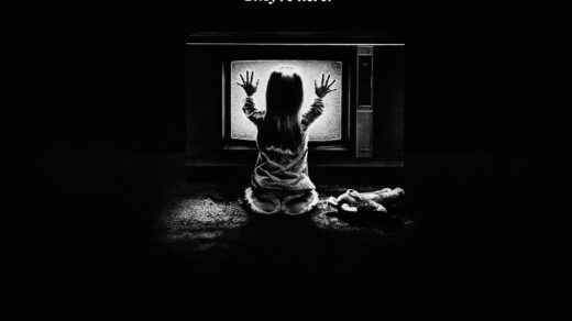 Poltergeist (1982) movie poster A black poster with a static-filled TV screen in the middle illuminating a girl with her hands on the screen. Text reads, "'They're here.' POLTERGEIST It knows what scares you."